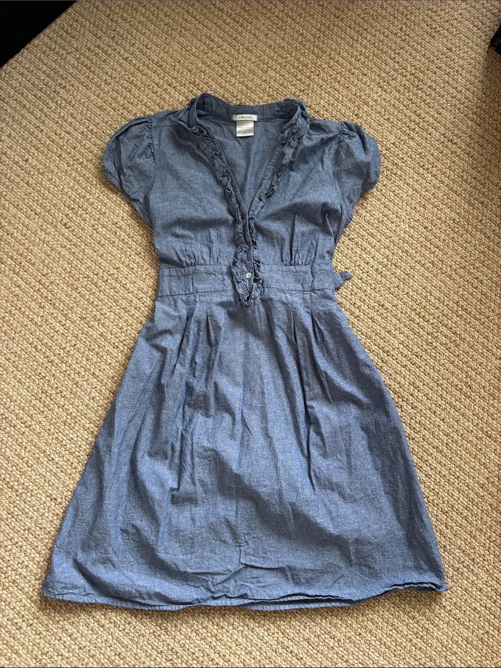 Ruffled V-Neck Chambray Midi Dress in Blue